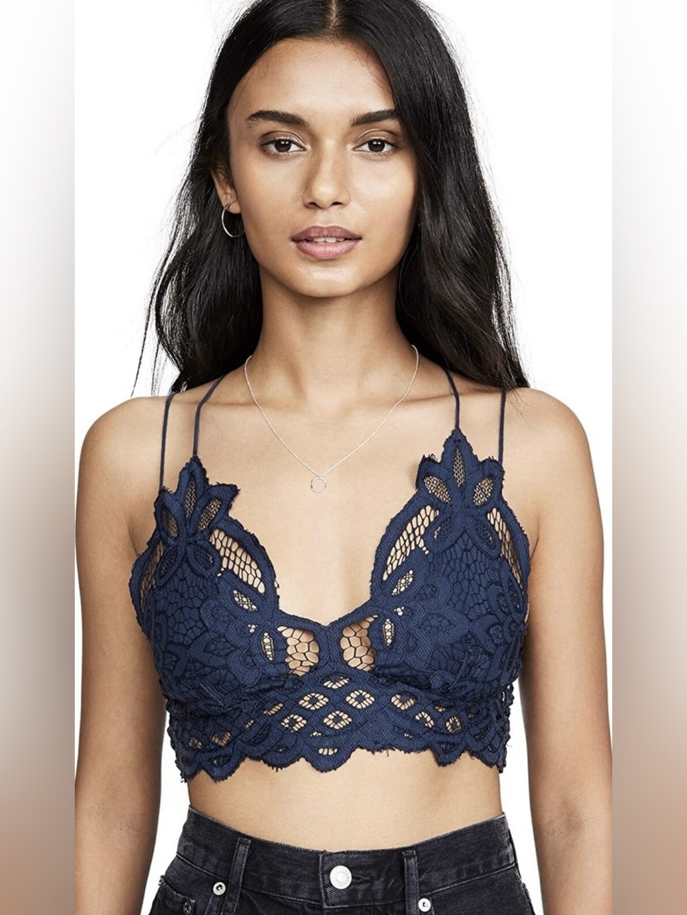 Free People FP One Adella Bralette Crop Top Embroidered Lace Navy